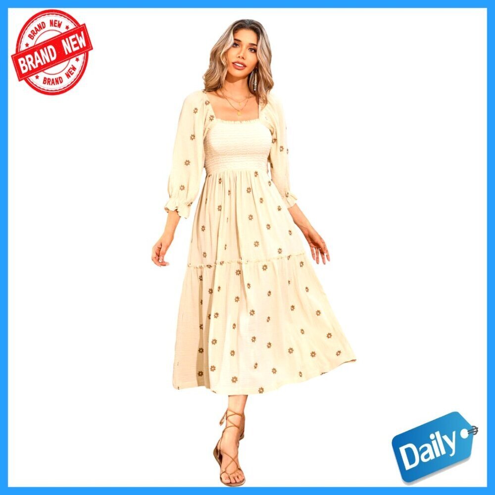 Long Sleeve Cotton Boho Midi Dress Floral Embroidered Tiered Ruffle Pockets
